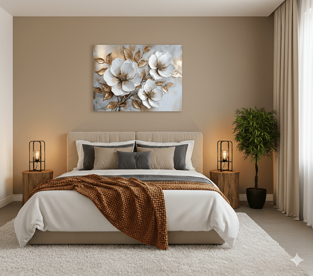 White Blossom Wall Art – Modern Floral Canvas with Elegant Gold Accents - Sense for Decor