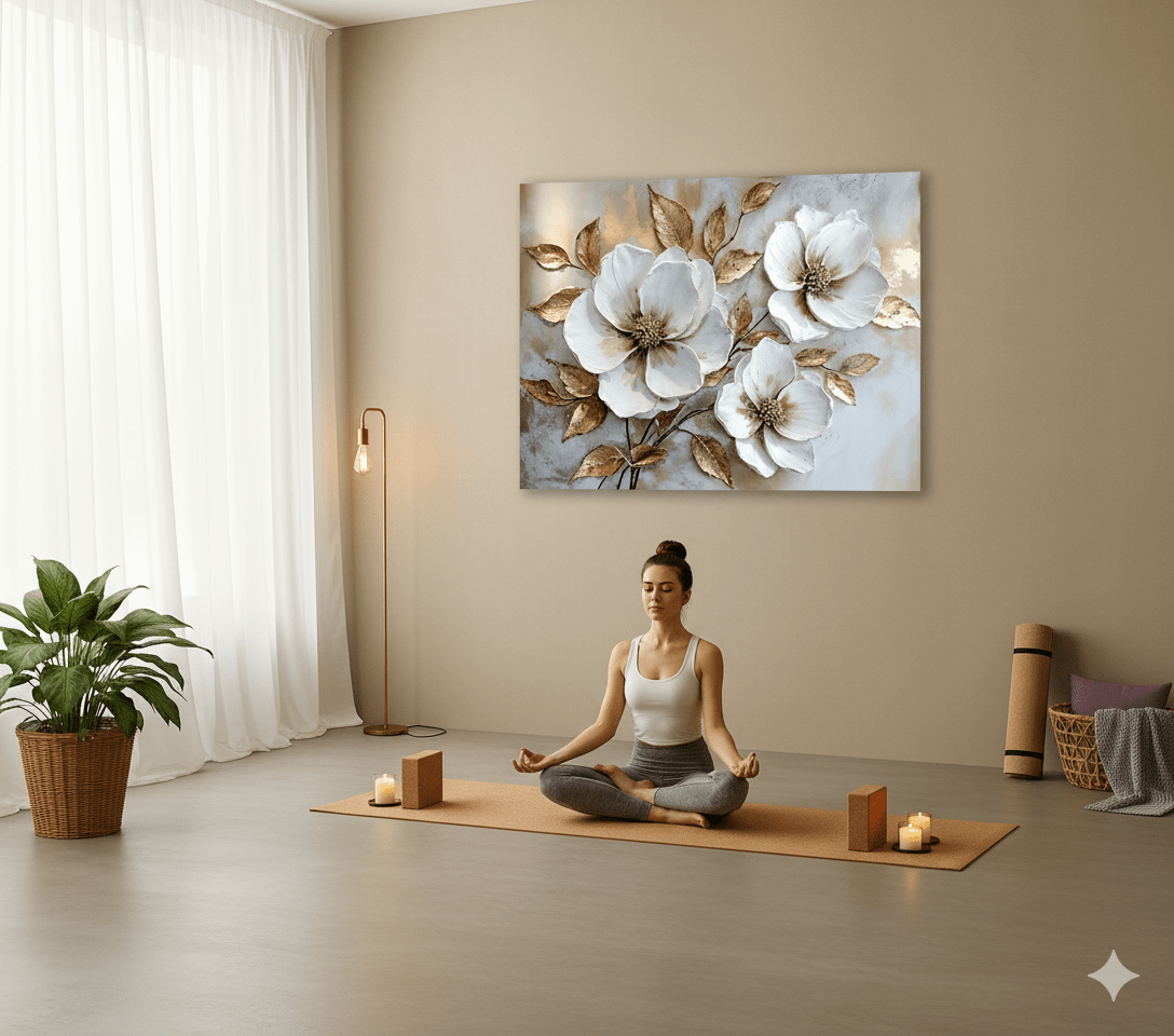 White Blossom Wall Art – Modern Floral Canvas with Elegant Gold Accents - Sense for Decor