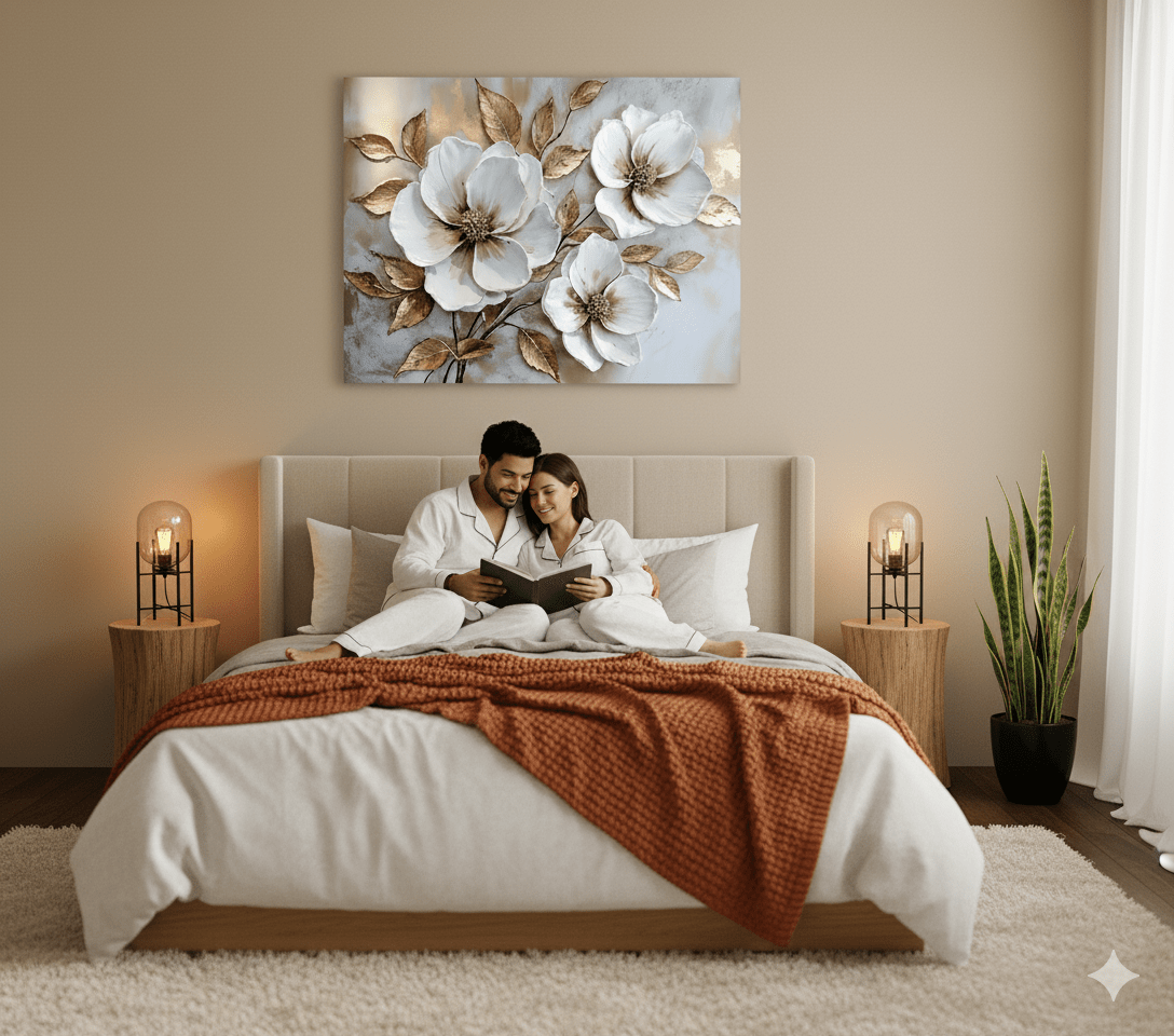 White Blossom Wall Art – Modern Floral Canvas with Elegant Gold Accents - Sense for Decor
