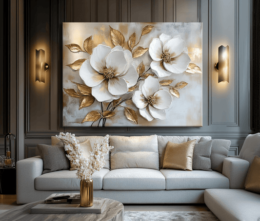 White Blossom Wall Art – Modern Floral Canvas with Elegant Gold Accents - Sense for Decor