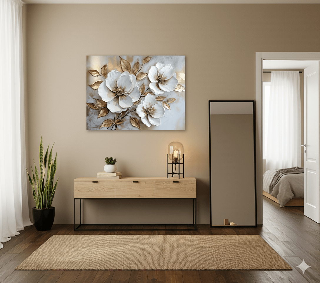 White Blossom Wall Art – Modern Floral Canvas with Elegant Gold Accents - Sense for Decor