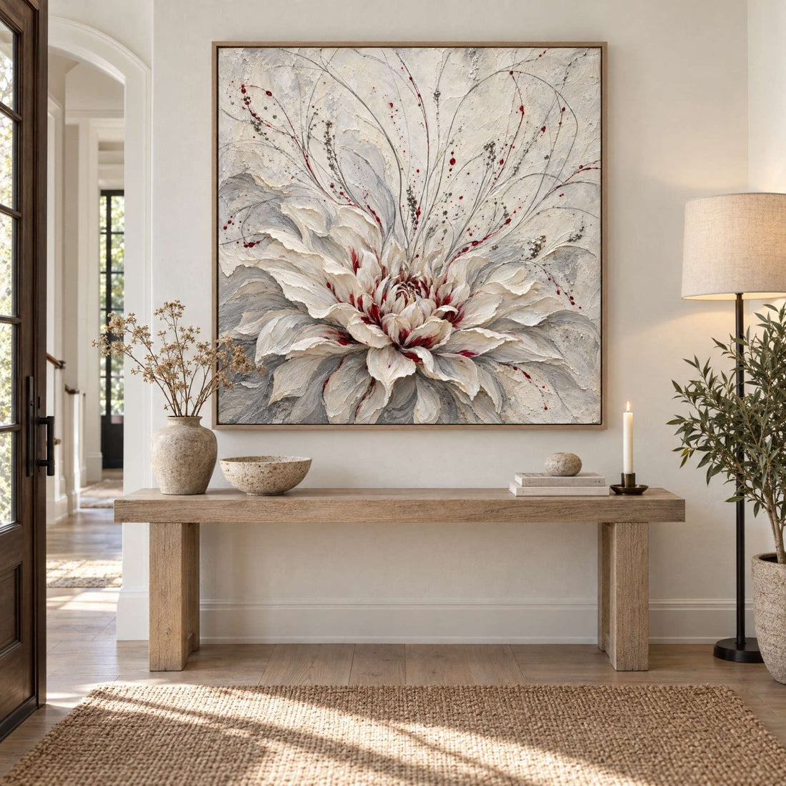 White Dahlia Wall Art – Oversized Grey and Burgundy Textured Look Canvas for Bedroom and Living Room - Sense for Decor