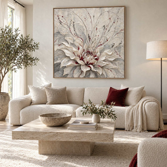 White Dahlia Wall Art – Oversized Grey and Burgundy Textured Look Canvas for Bedroom and Living Room