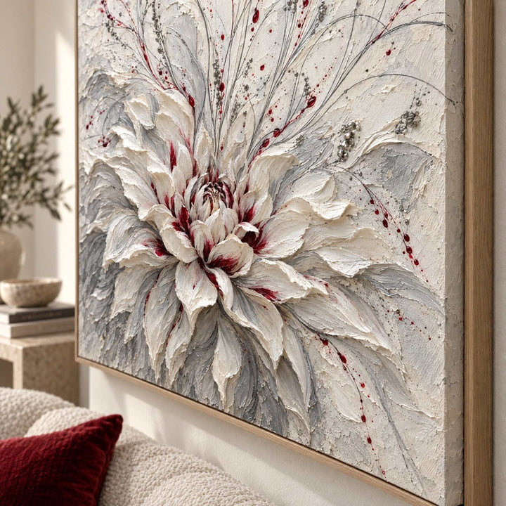 White Dahlia Wall Art – Oversized Grey and Burgundy Textured Look Canvas for Bedroom and Living Room - Sense for Decor