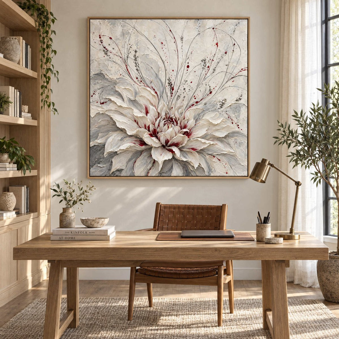 White Dahlia Wall Art – Oversized Grey and Burgundy Textured Look Canvas for Bedroom and Living Room - Sense for Decor