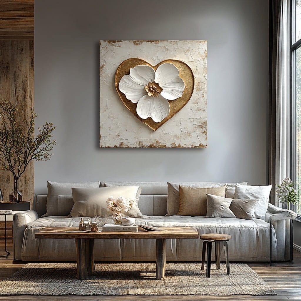 White Floral Heart Wall Art – Elegant Gold & Cream Canvas for Living Room or Bedroom - Sense for Decor