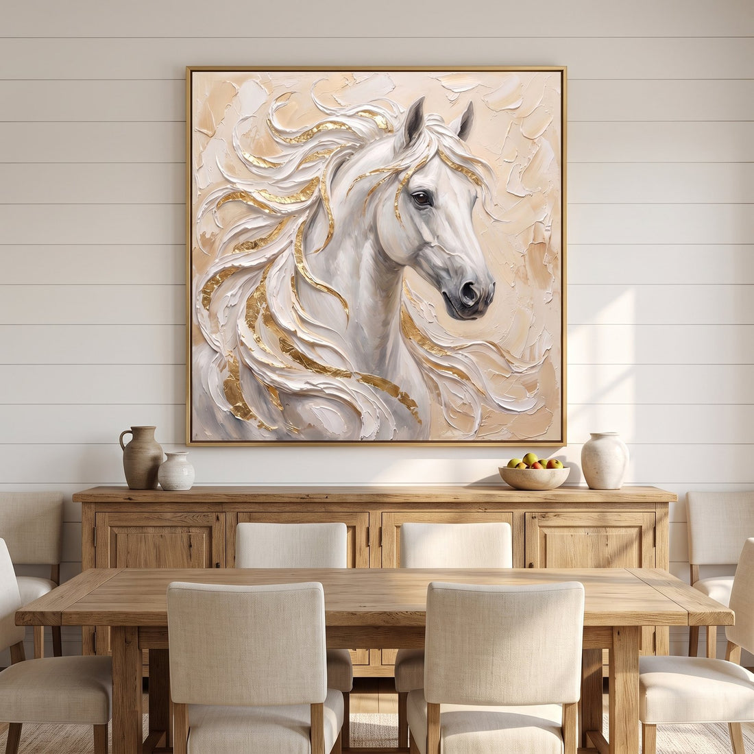 White horse canvas above an oak sideboard in a farmhouse dining room