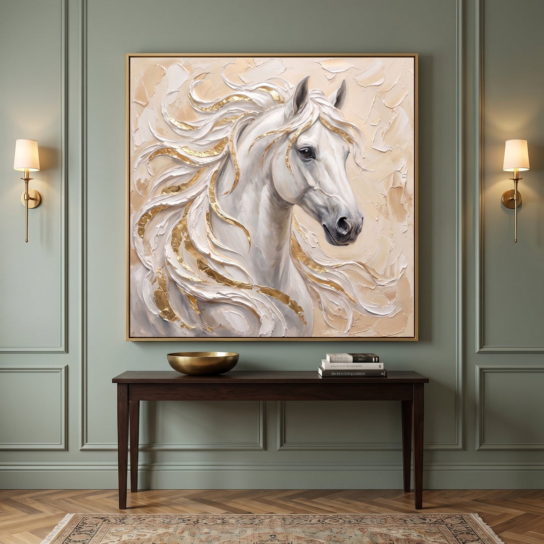 White horse canvas above a dark wood console in a sage green entryway