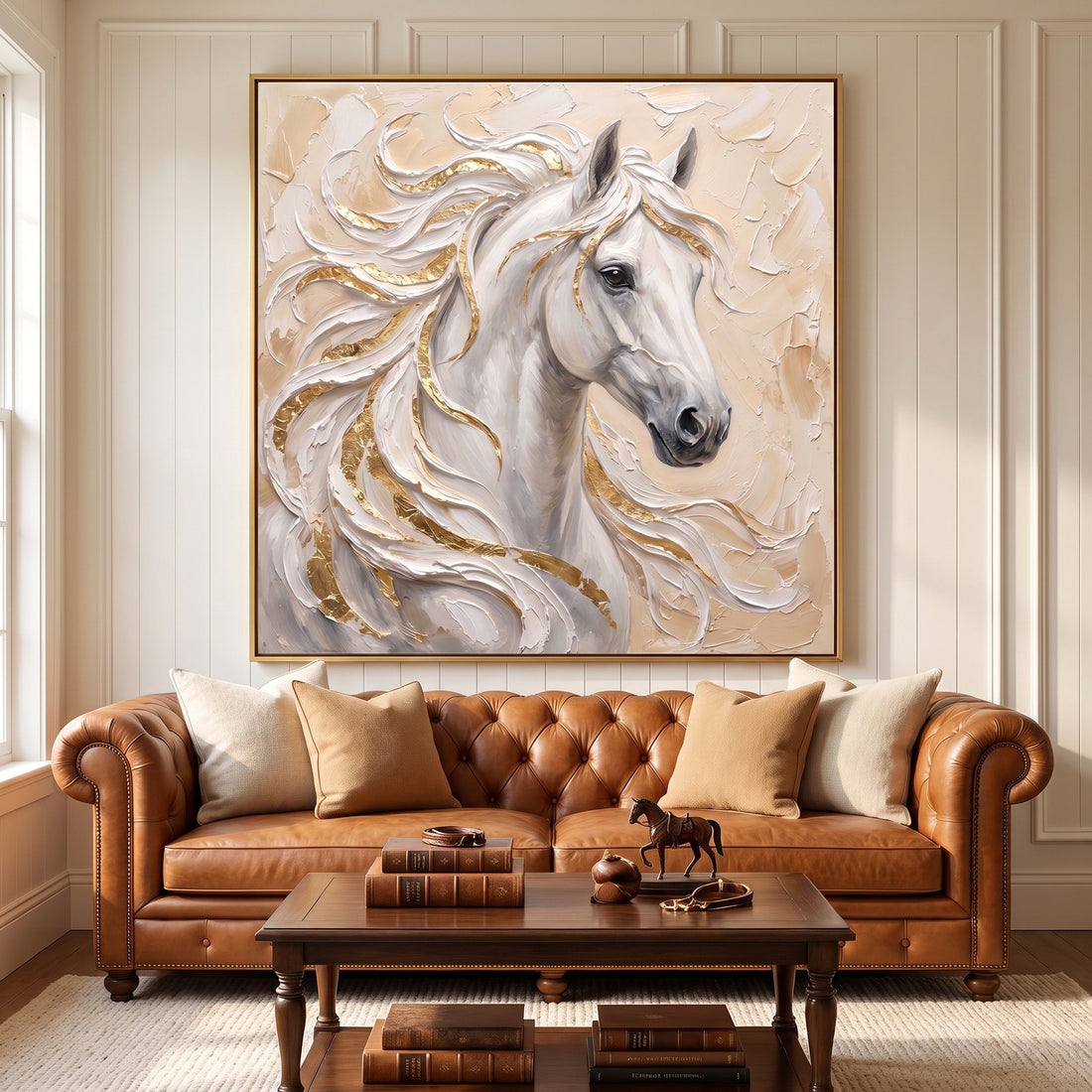 White horse wall art with flowing gold mane above a cognac leather Chesterfield sofa
