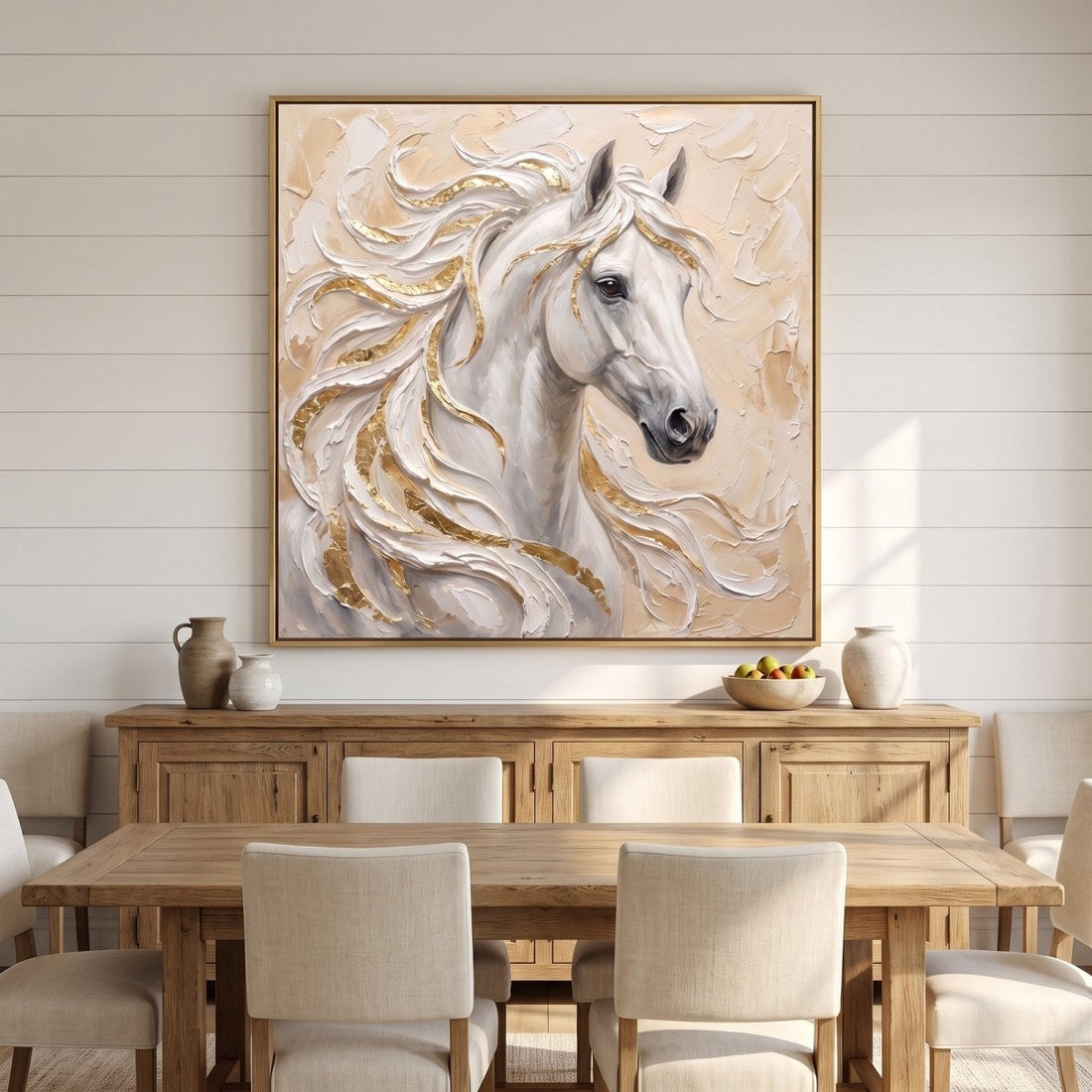 White Horse Wall Art – Oversized Cream and Gold Equestrian Textured Look Canvas for Living Room - Sense for Decor