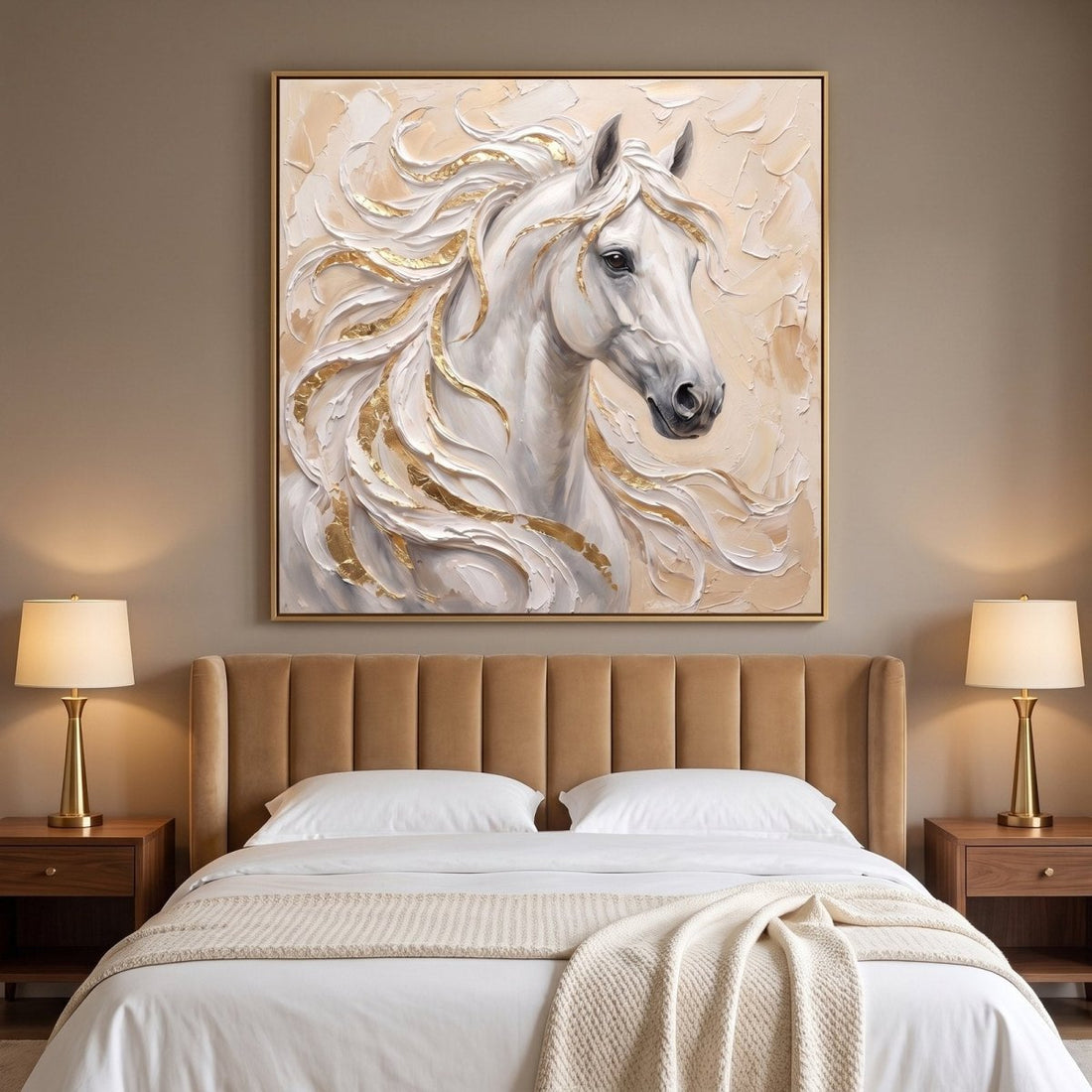 White Horse Wall Art – Oversized Cream and Gold Equestrian Textured Look Canvas for Living Room - Sense for Decor