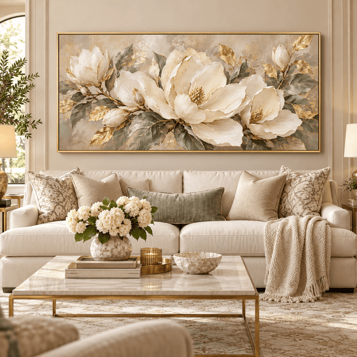 White Magnolia Wall Art – Oversized Panoramic Sage and Gold Leaf Textured Look Canvas for Living Room - Sense for Decor