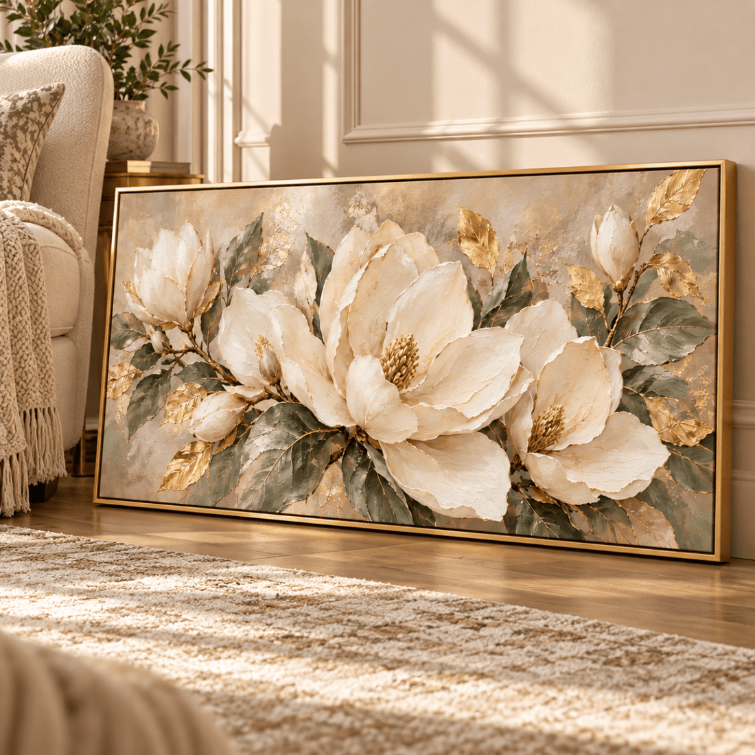 White Magnolia Wall Art – Oversized Panoramic Sage and Gold Leaf Textured Look Canvas for Living Room - Sense for Decor