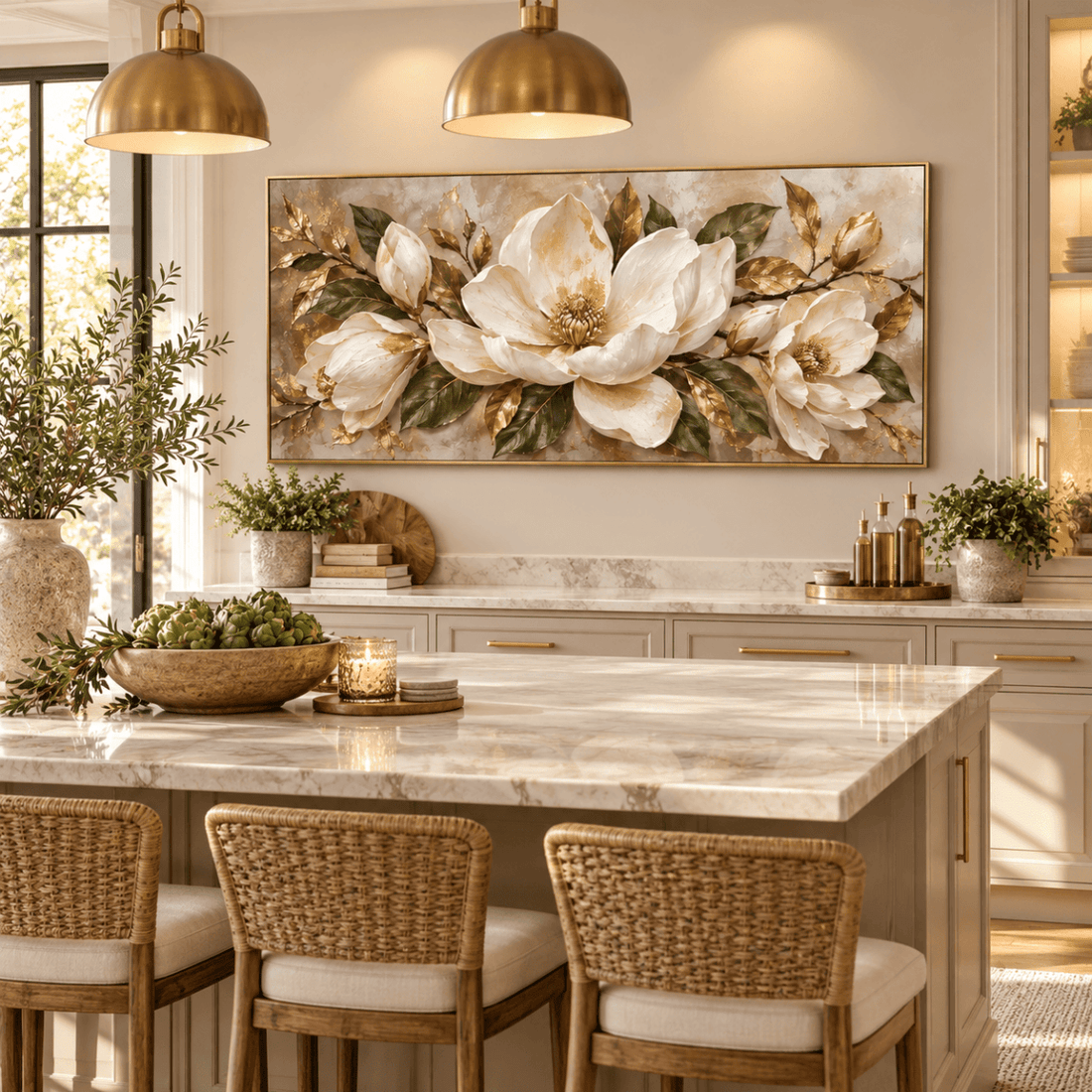 White Magnolia Wall Art – Oversized Panoramic Sage and Gold Leaf Textured Look Canvas for Living Room - Sense for Decor