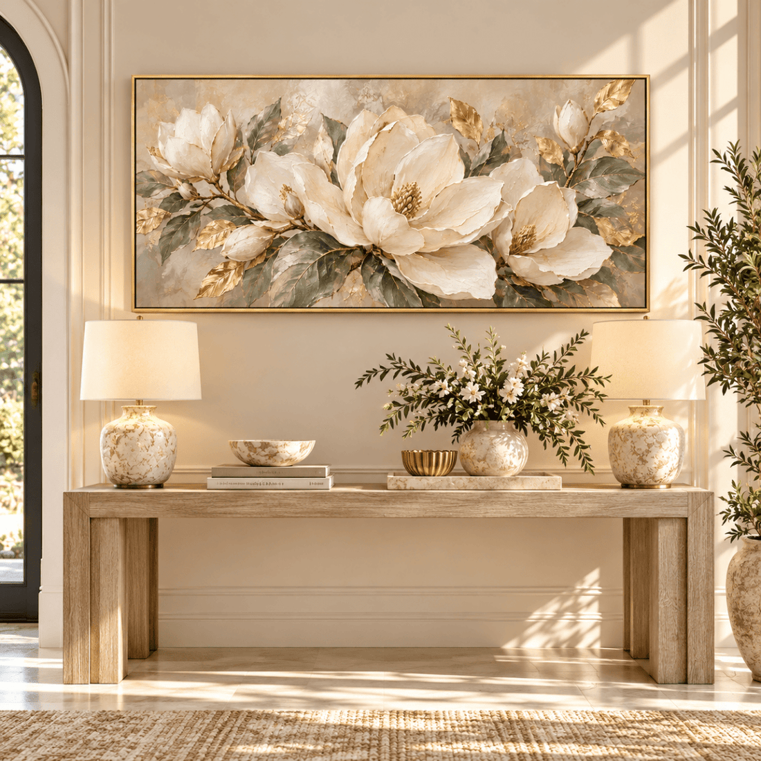 White Magnolia Wall Art – Oversized Panoramic Sage and Gold Leaf Textured Look Canvas for Living Room - Sense for Decor