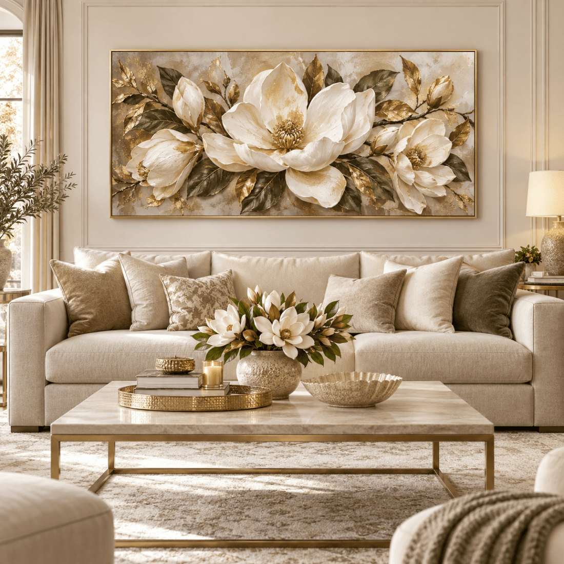 White Magnolia Wall Art – Oversized Panoramic Sage and Gold Leaf Textured Look Canvas for Living Room - Sense for Decor