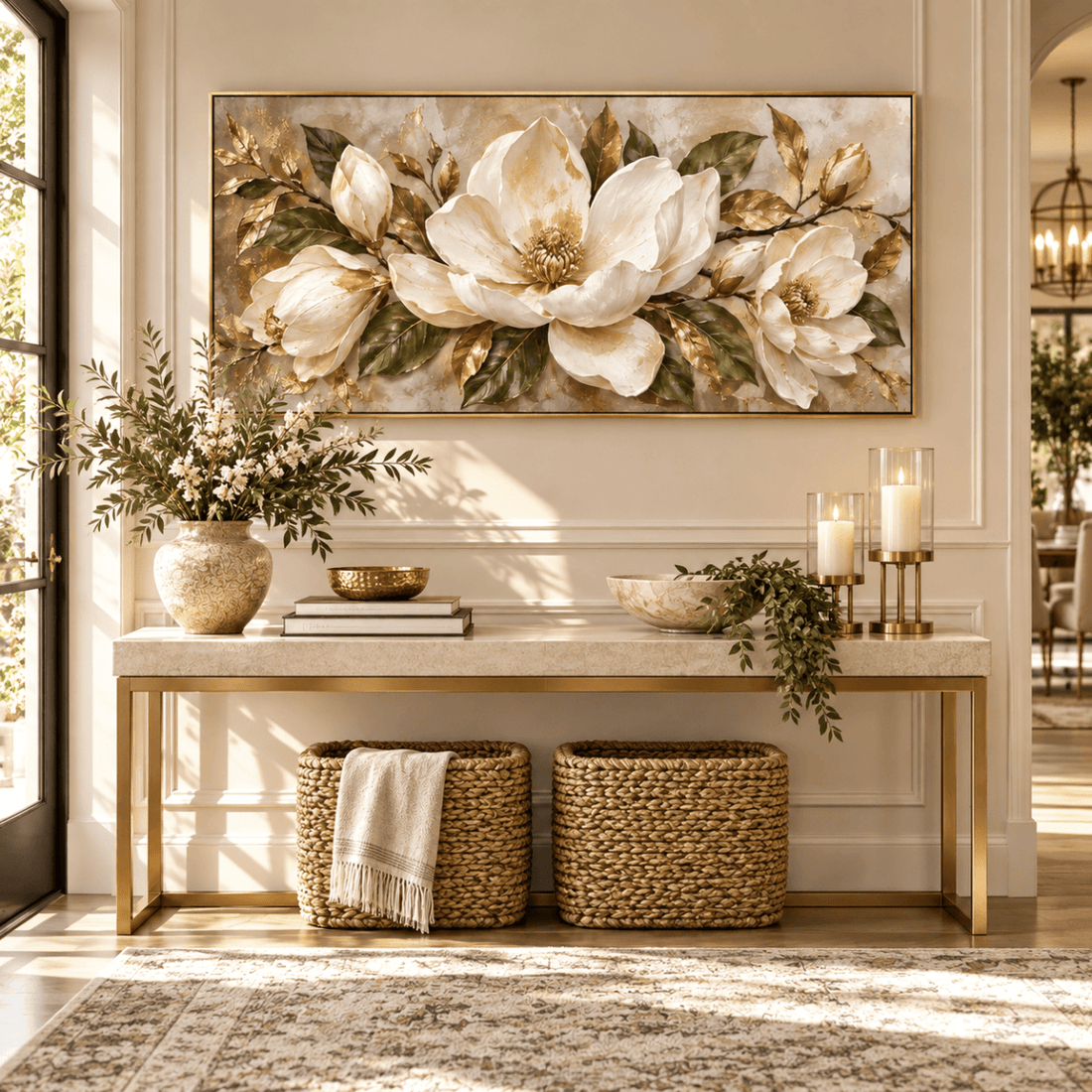 White Magnolia Wall Art – Oversized Panoramic Sage and Gold Leaf Textured Look Canvas for Living Room - Sense for Decor