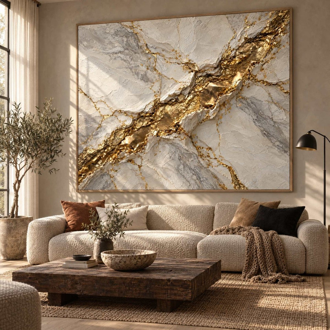 White Marble Wall Art – Oversized Gold Vein Drift Textured Look Canvas for Living Room and Entryway - Sense for Decor