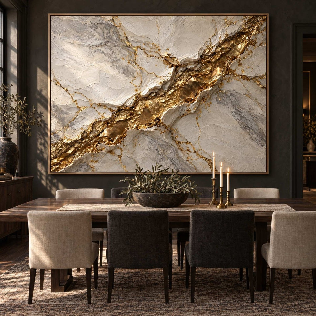 White Marble Wall Art – Oversized Gold Vein Drift Textured Look Canvas for Living Room and Entryway - Sense for Decor