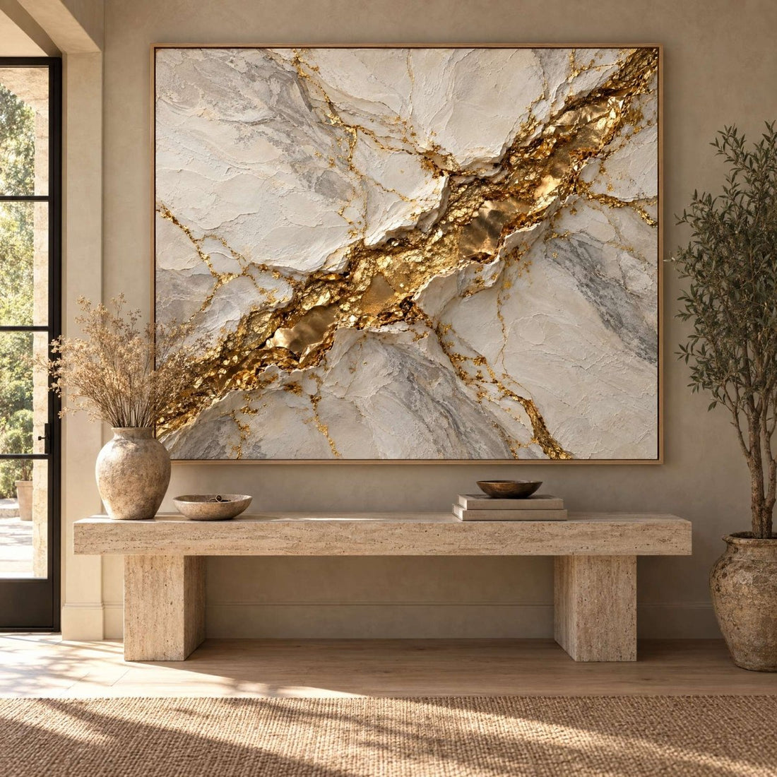White Marble Wall Art – Oversized Gold Vein Drift Textured Look Canvas for Living Room and Entryway - Sense for Decor