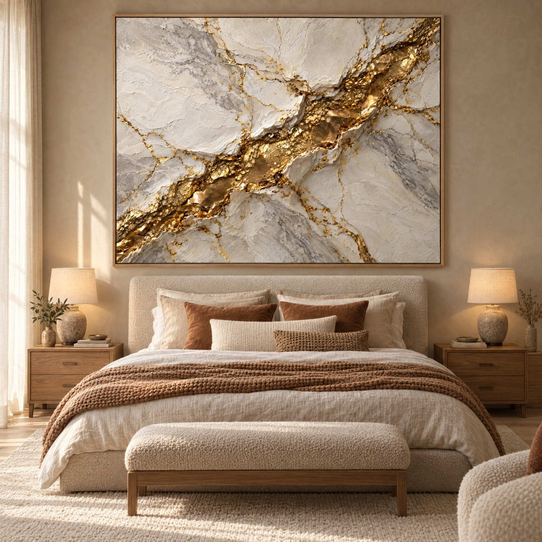 White Marble Wall Art – Oversized Gold Vein Drift Textured Look Canvas for Living Room and Entryway - Sense for Decor