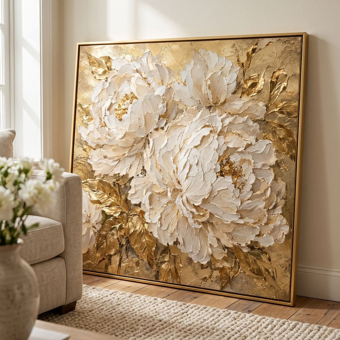 White Peony Wall Art – Oversized Cream and Gold Textured Look Canvas for Living Room - Sense for Decor