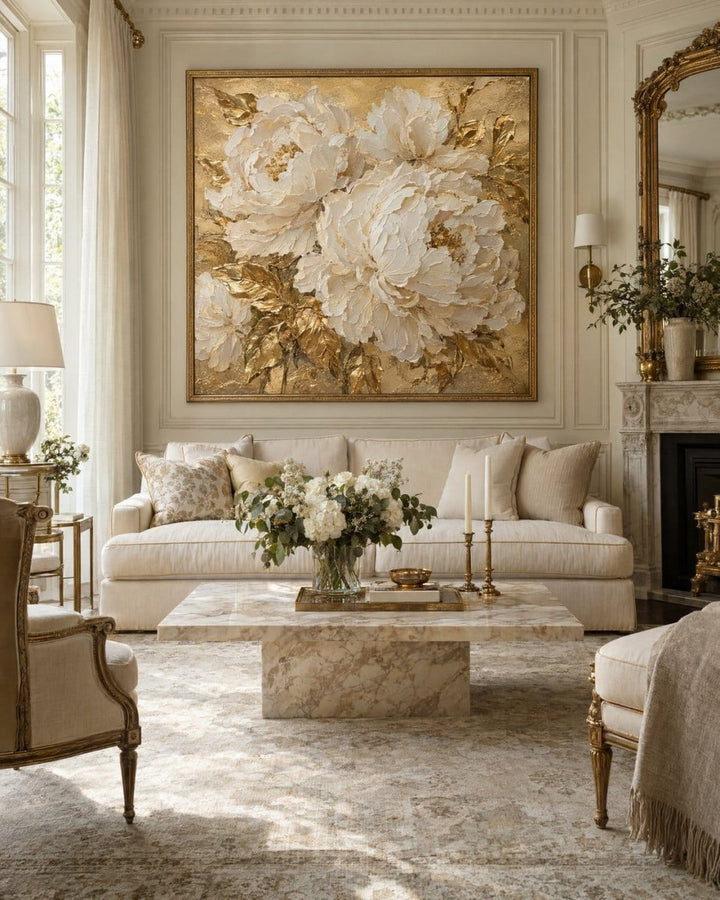 White Peony Wall Art – Oversized Cream and Gold Textured Look Canvas for Living Room - Sense for Decor
