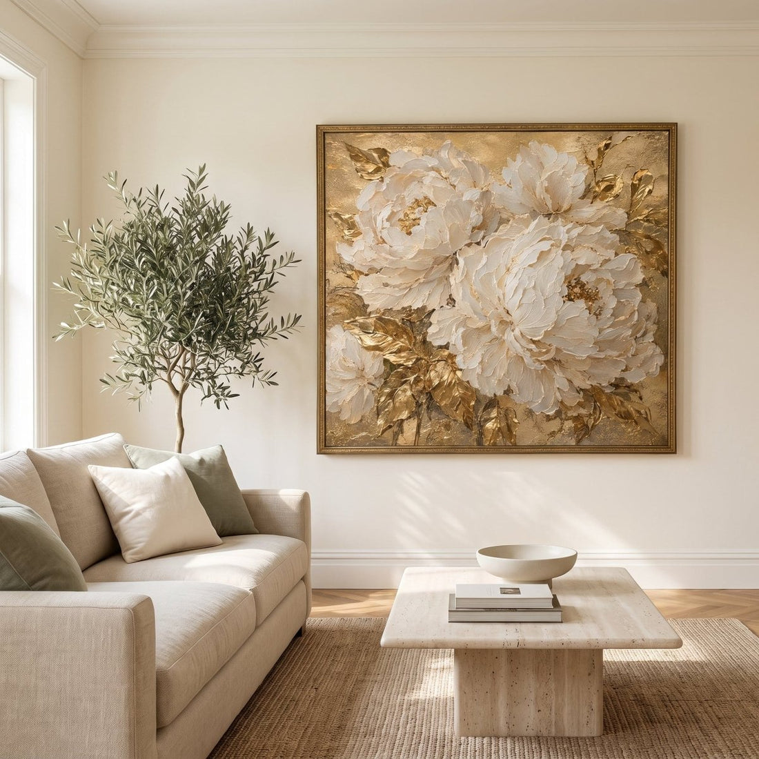 White Peony Wall Art – Oversized Cream and Gold Textured Look Canvas for Living Room - Sense for Decor