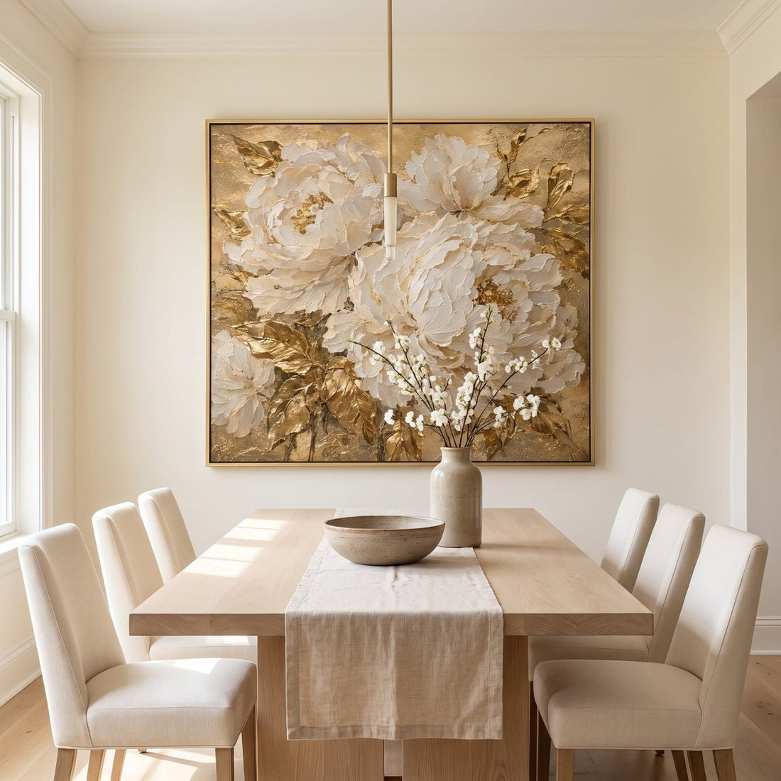 White Peony Wall Art – Oversized Cream and Gold Textured Look Canvas for Living Room - Sense for Decor