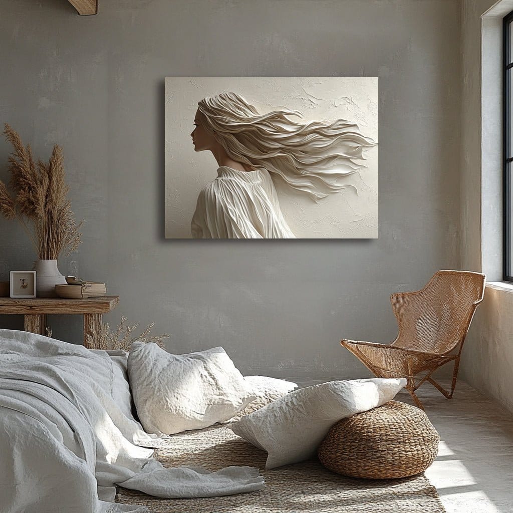 Windswept Woman Wall Art – Minimalist Neutral Canvas for Bedroom & Boho Decor - Sense for Decor