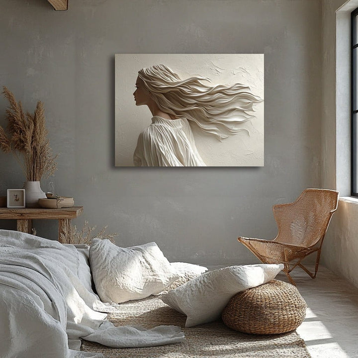 Windswept Woman Wall Art – Minimalist Neutral Canvas for Bedroom & Boho Decor - Sense for Decor