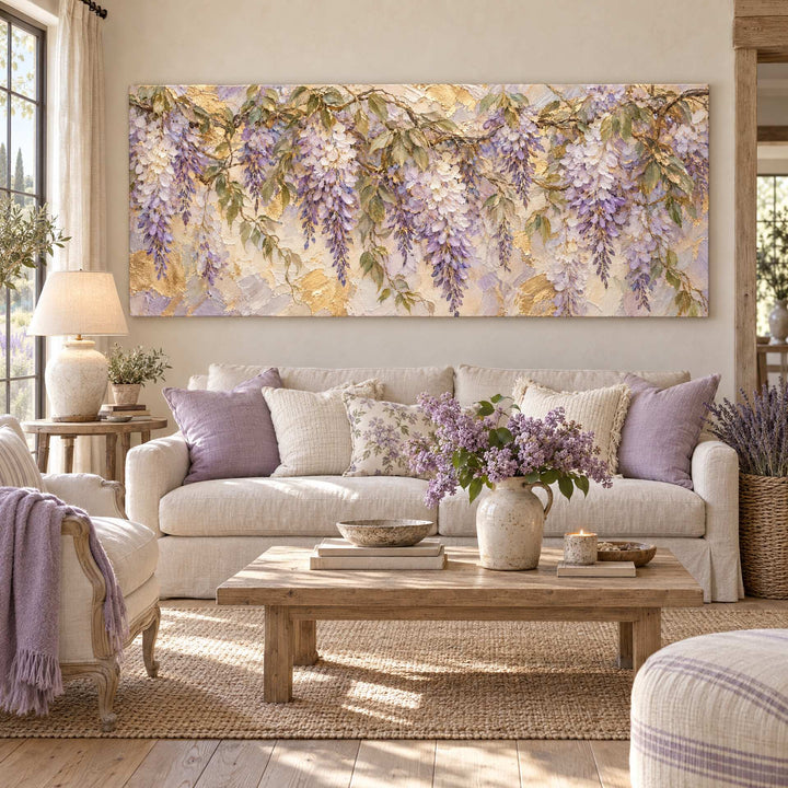 Lavender wisteria panoramic canvas above a cream sofa in a farmhouse living room