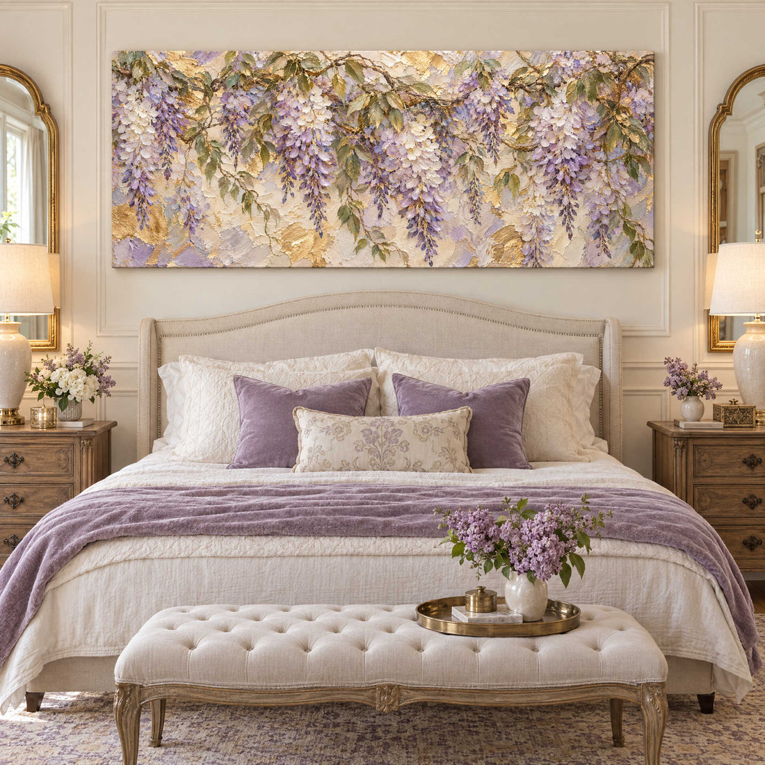 Wisteria canvas above an upholstered bed in a French bedroom with lilac linen