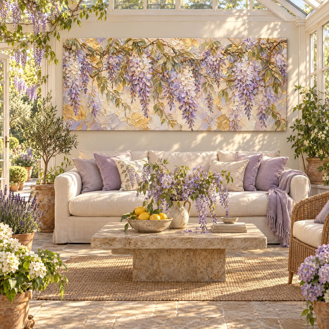 Wisteria canvas in a garden conservatory with olive trees and lavender