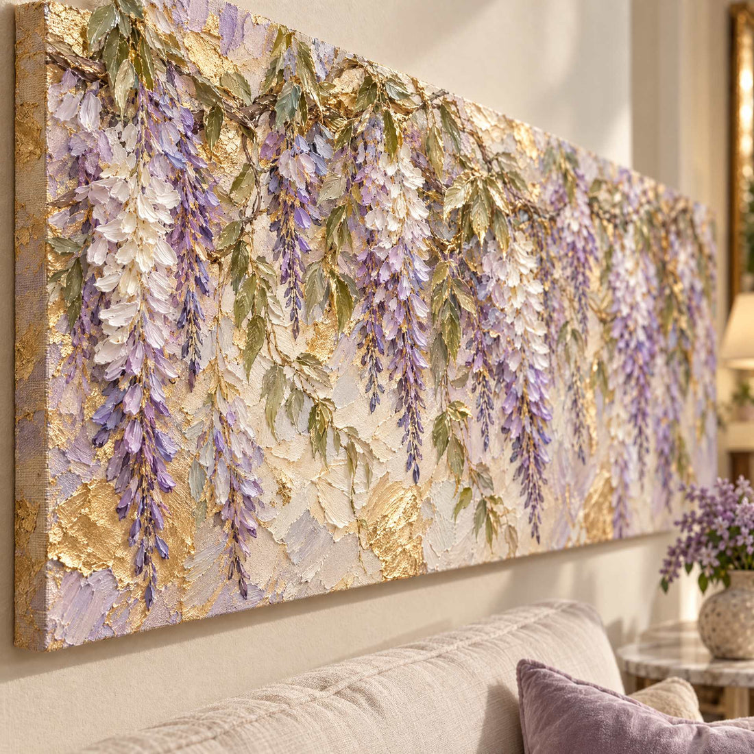 Close up of the wisteria racemes built in thick petals over broken gold leaf