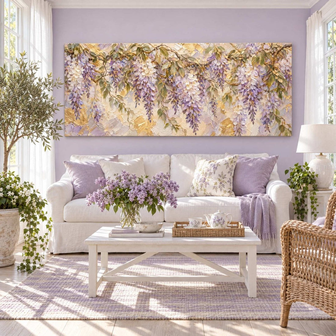 Wisteria Wall Art – Oversized Lavender and Gold Textured Look Canvas for Living Room and Bedroom - Sense for Decor