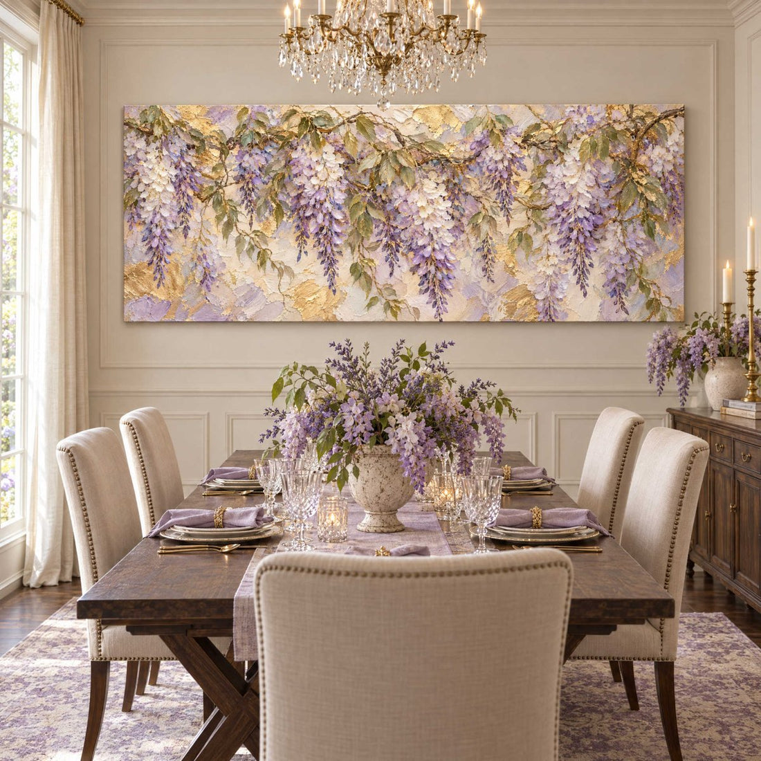 Wisteria Wall Art – Oversized Lavender and Gold Textured Look Canvas for Living Room and Bedroom - Sense for Decor
