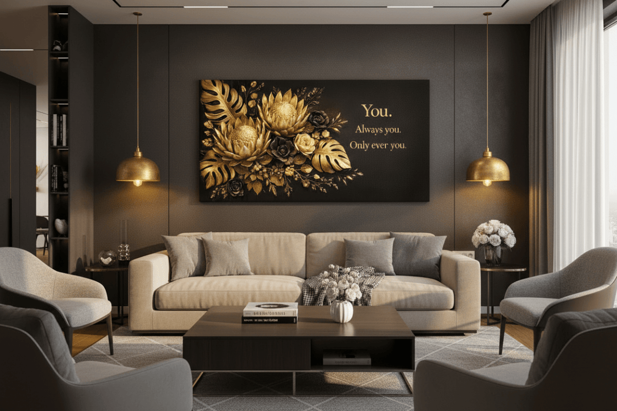 You Always You Only Ever You Wall Art - 3D Gold & Black Floral Canvas Print with Monstera Leaves - Sense for Decor