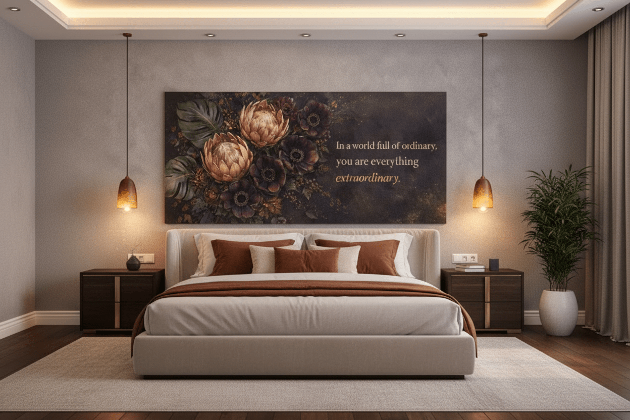You Are Everything Extraordinary Wall Art - Moody Boho Protea Canvas Print with Deep Plum & Gold Tones - Sense for Decor