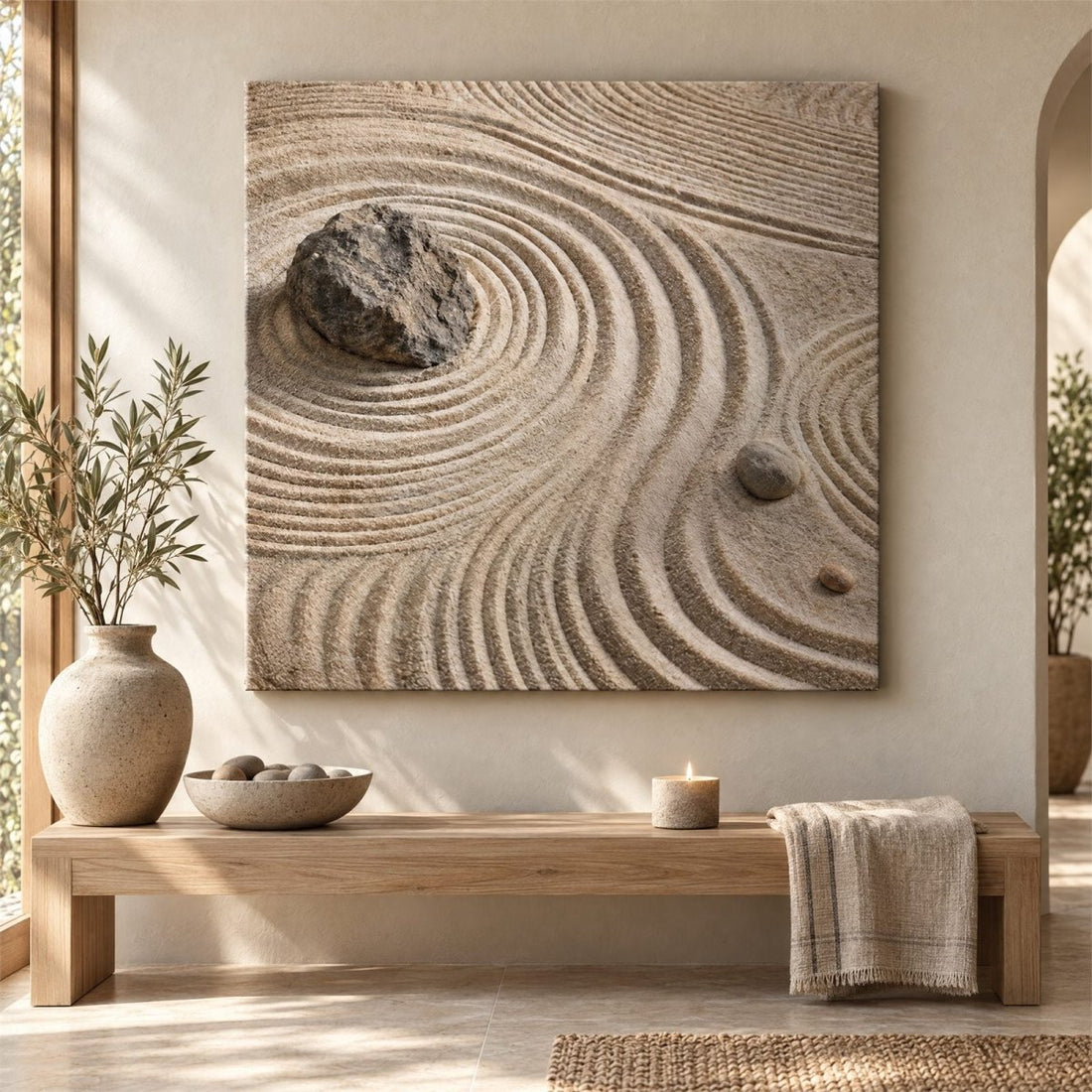 Zen Garden Wall Art – Oversized Beige and Sand Raked Stone Textured Look Canvas for Living Room - Sense for Decor