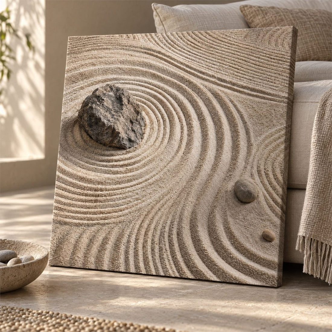 Zen Garden Wall Art – Oversized Beige and Sand Raked Stone Textured Look Canvas for Living Room - Sense for Decor