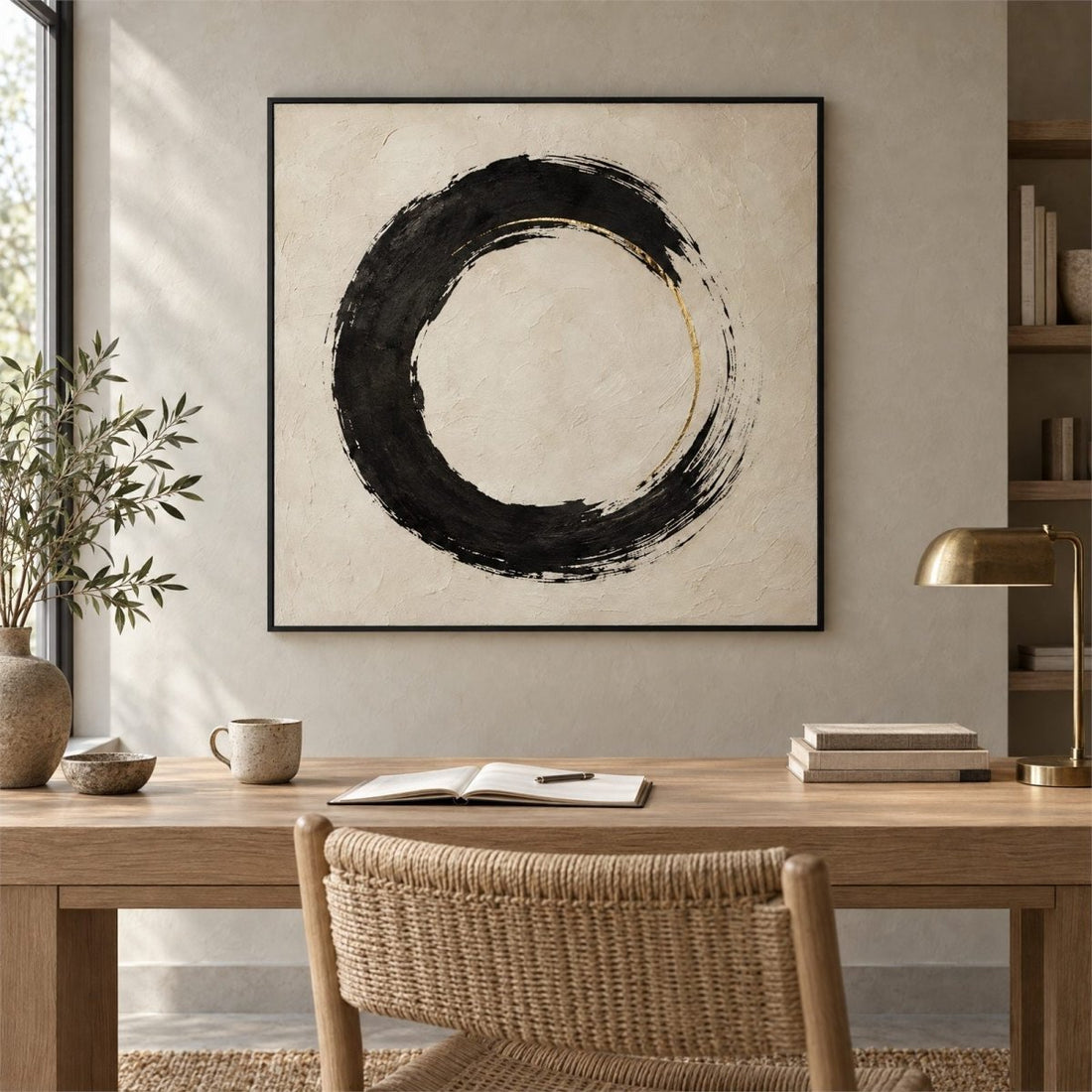 Zen Wall Art – Oversized Black and Cream Enso Circle Textured Look Canvas for Living Room - Sense for Decor