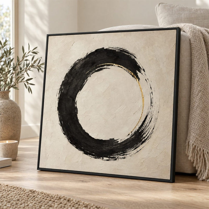 Zen Wall Art – Oversized Black and Cream Enso Circle Textured Look Canvas for Living Room - Sense for Decor