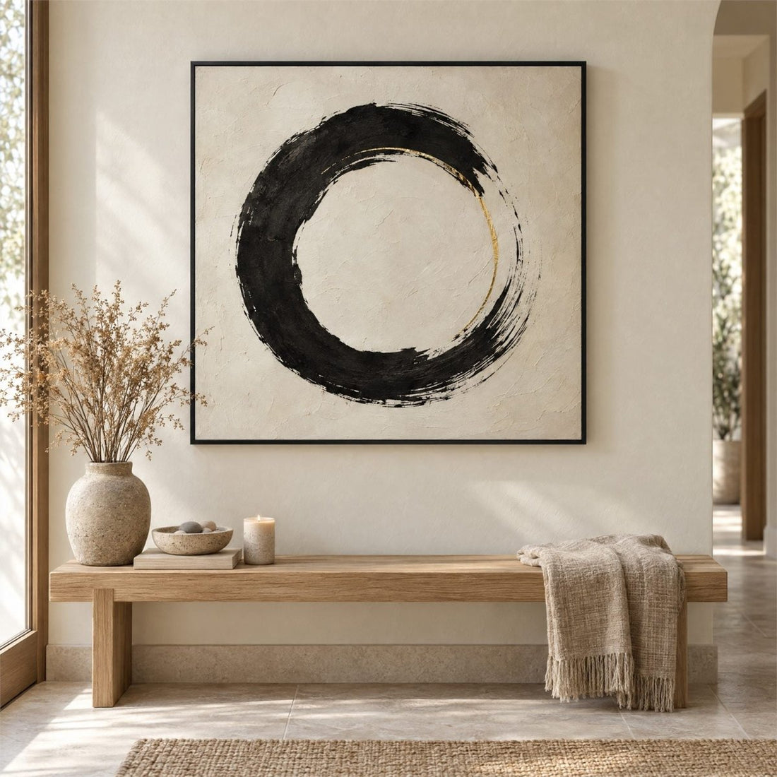 Zen Wall Art – Oversized Black and Cream Enso Circle Textured Look Canvas for Living Room - Sense for Decor