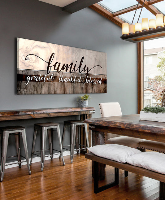 Family Wall Art: Family Grateful Thankful Blessed (Wood Frame Ready To Hang)