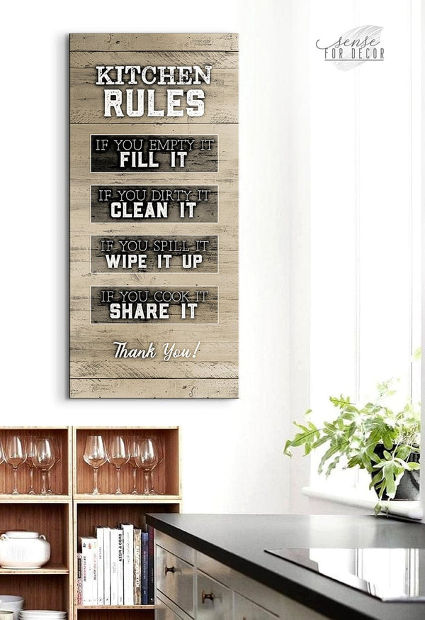 Kitchen Wall Art Kitchen Rules Sign V2 (Wood Frame Ready To Hang