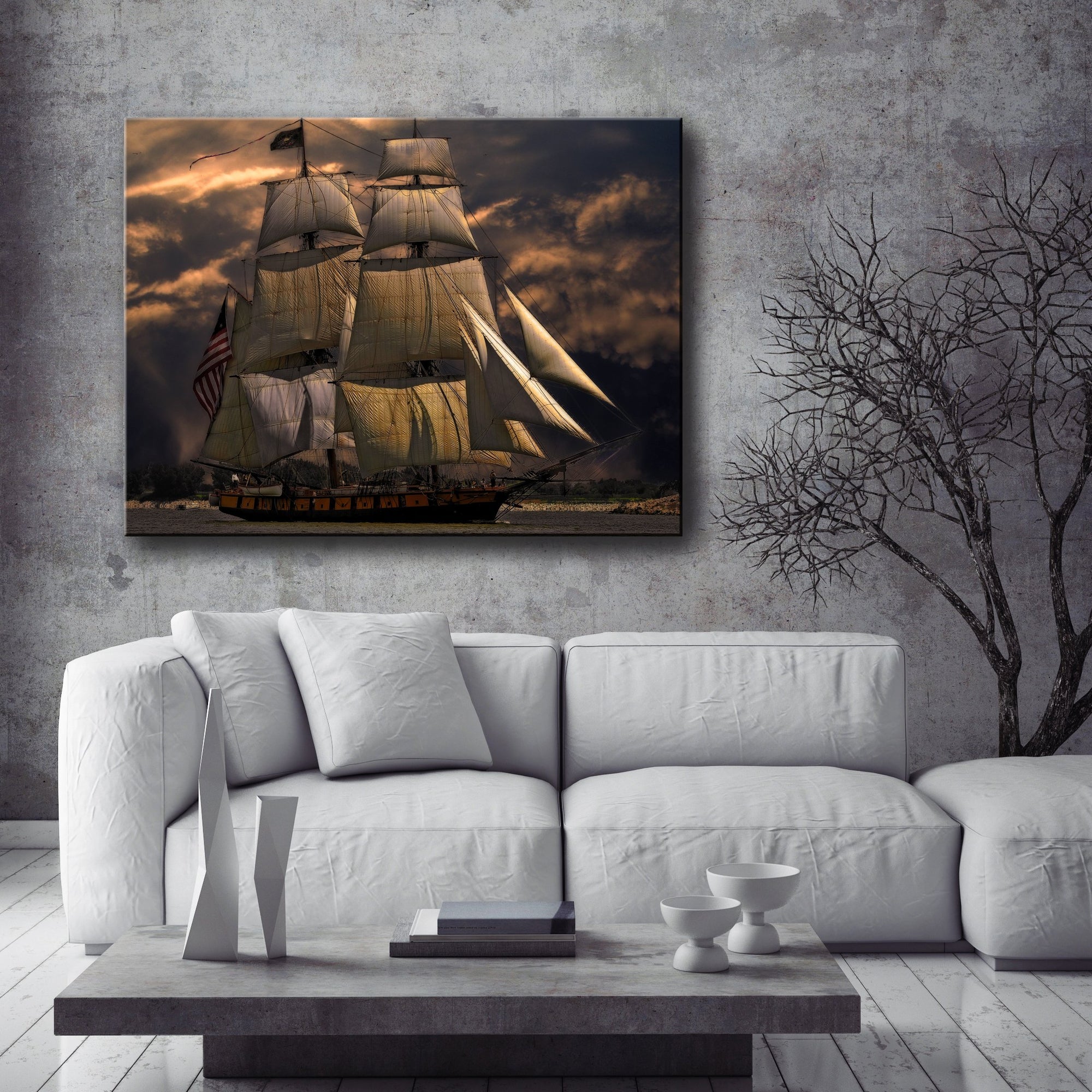 Nautical Wall Art: Dark Cloud Sailboat (Wood Frame Ready To Hang)