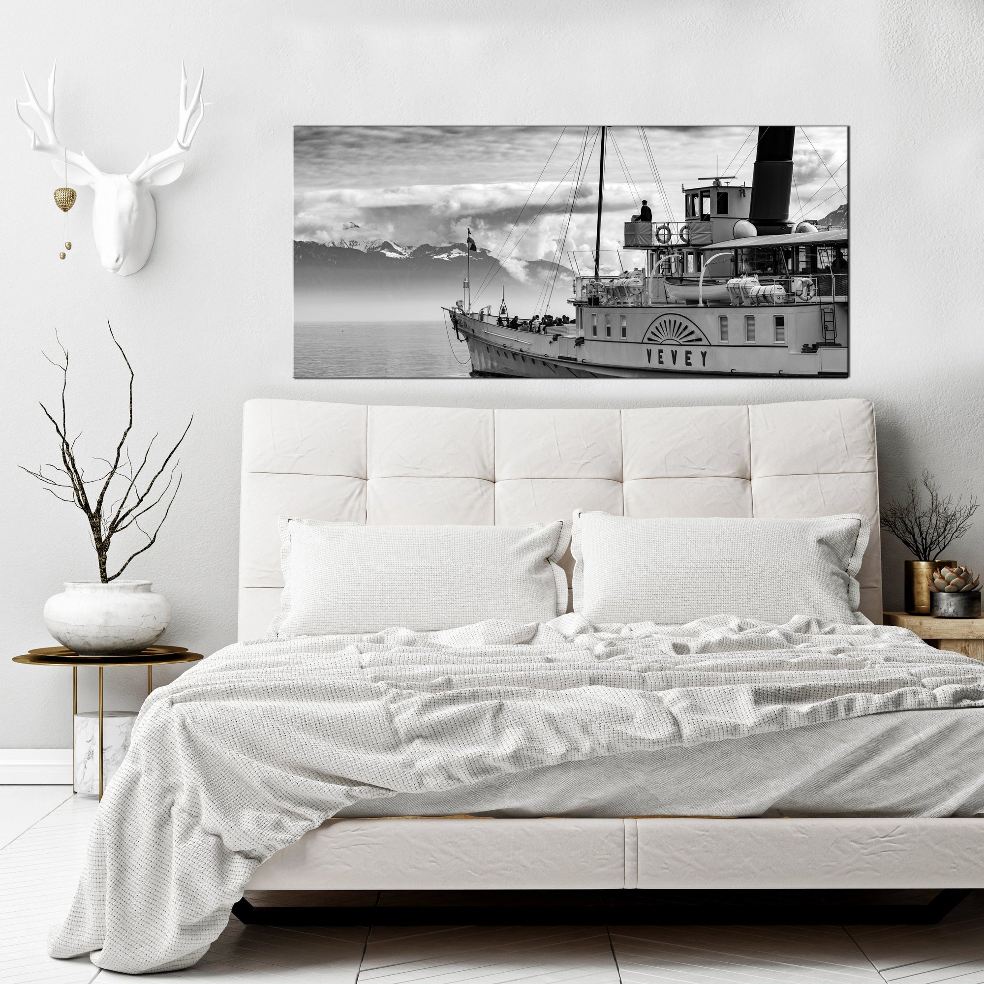 Nautical Wall Art: Black/White Boat (Wood Frame Ready To Hang)