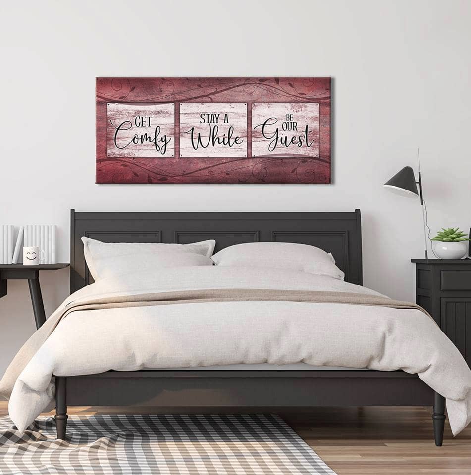 Bedroom Wall Art: Get Comfy Stay A While (Wood Frame Ready To Hang) - Sense for Decor