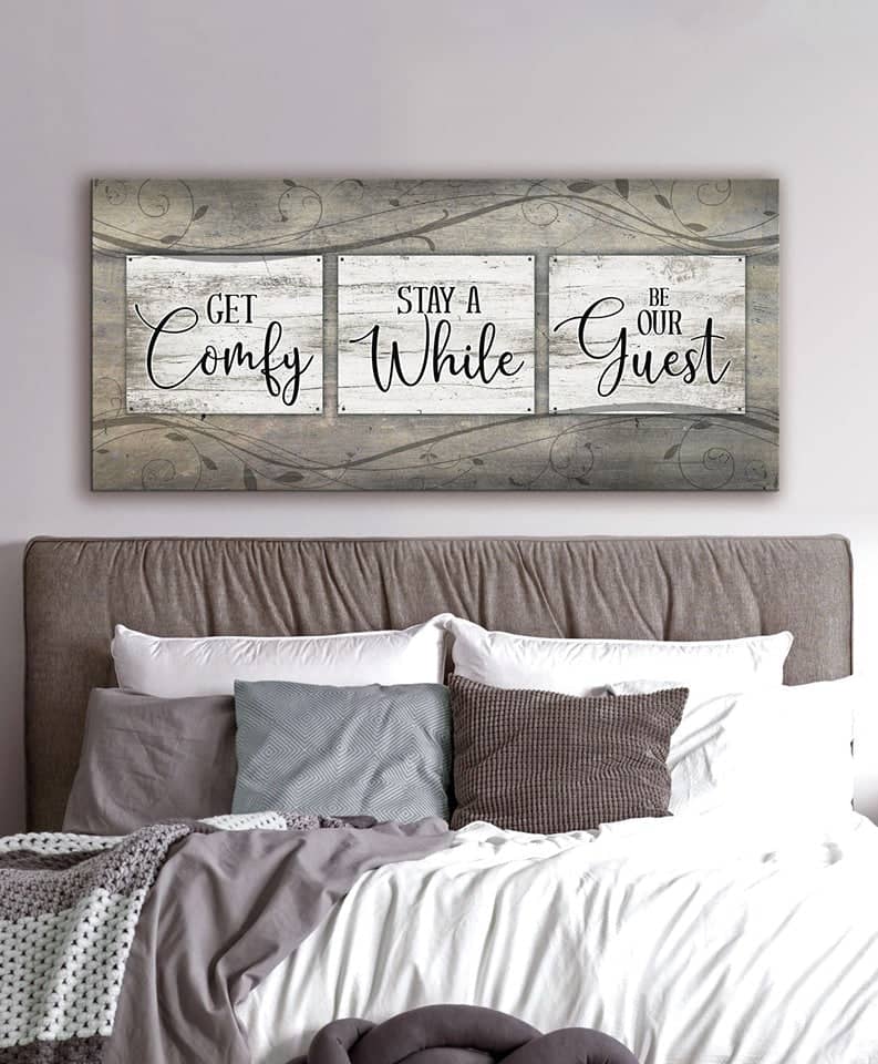 Bedroom Wall Art: Get Comfy Stay A While (Wood Frame Ready To Hang) - Sense for Decor